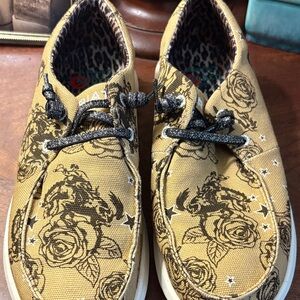 Ariat Tan Canvas Shoes with Black Floral Design